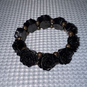 Black Rose Stretch Bracelet Vintage Gothic BOHO Plastic Brass Beads 7”